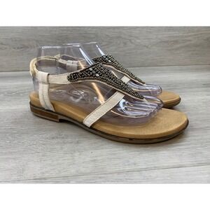 Aetrex Jillian Women's Sandals Beaded Thong Sandals Cream Leather Comfort Shoes